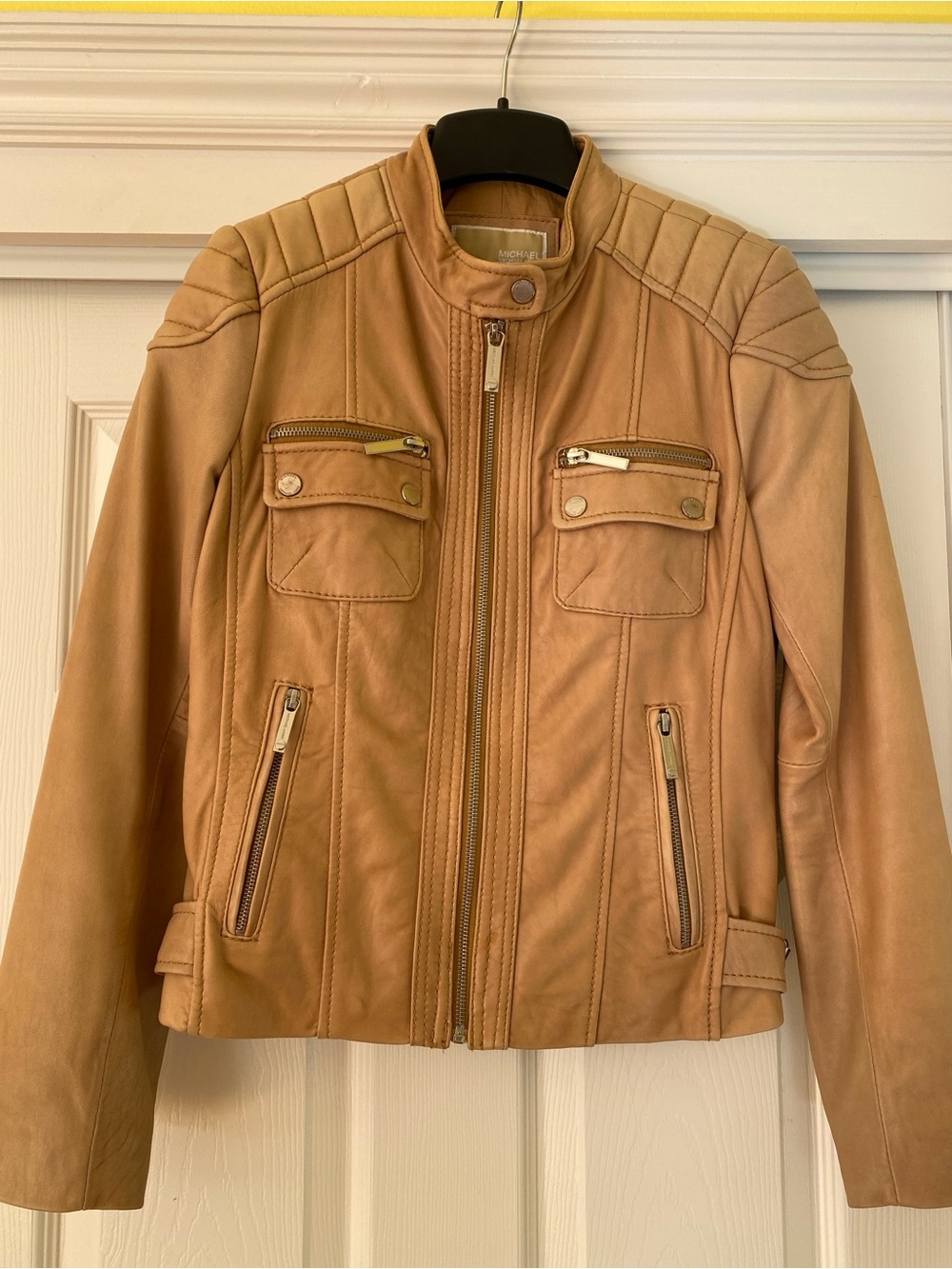 Michael Kors Genuine Leather Tan Moto Jacket Buttery Soft Fitted